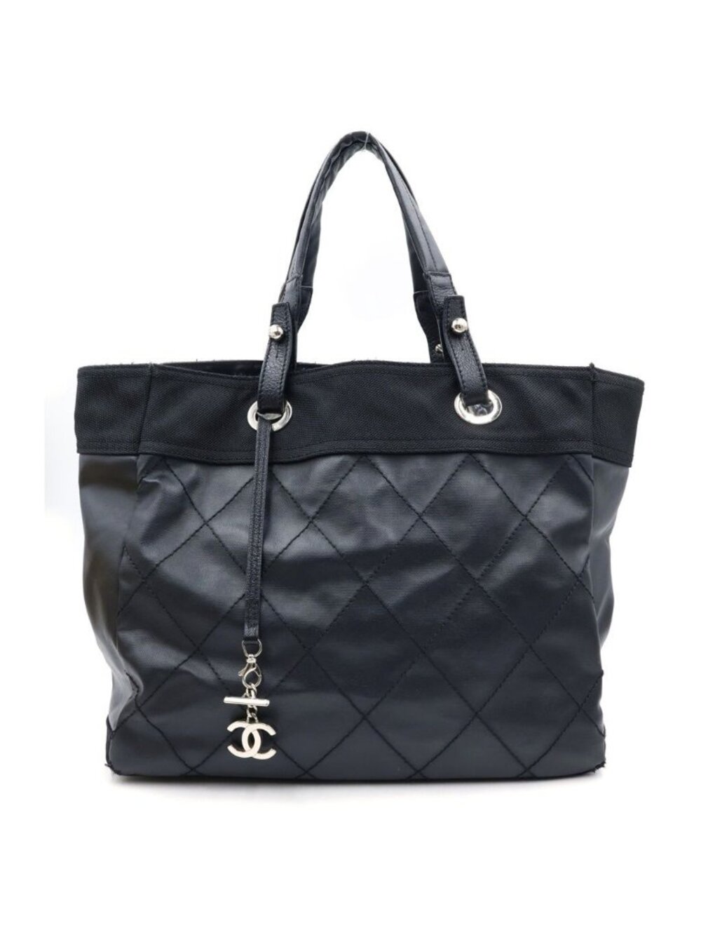 Chanel Paris Biarritz MM Tote Black Leather Silver
